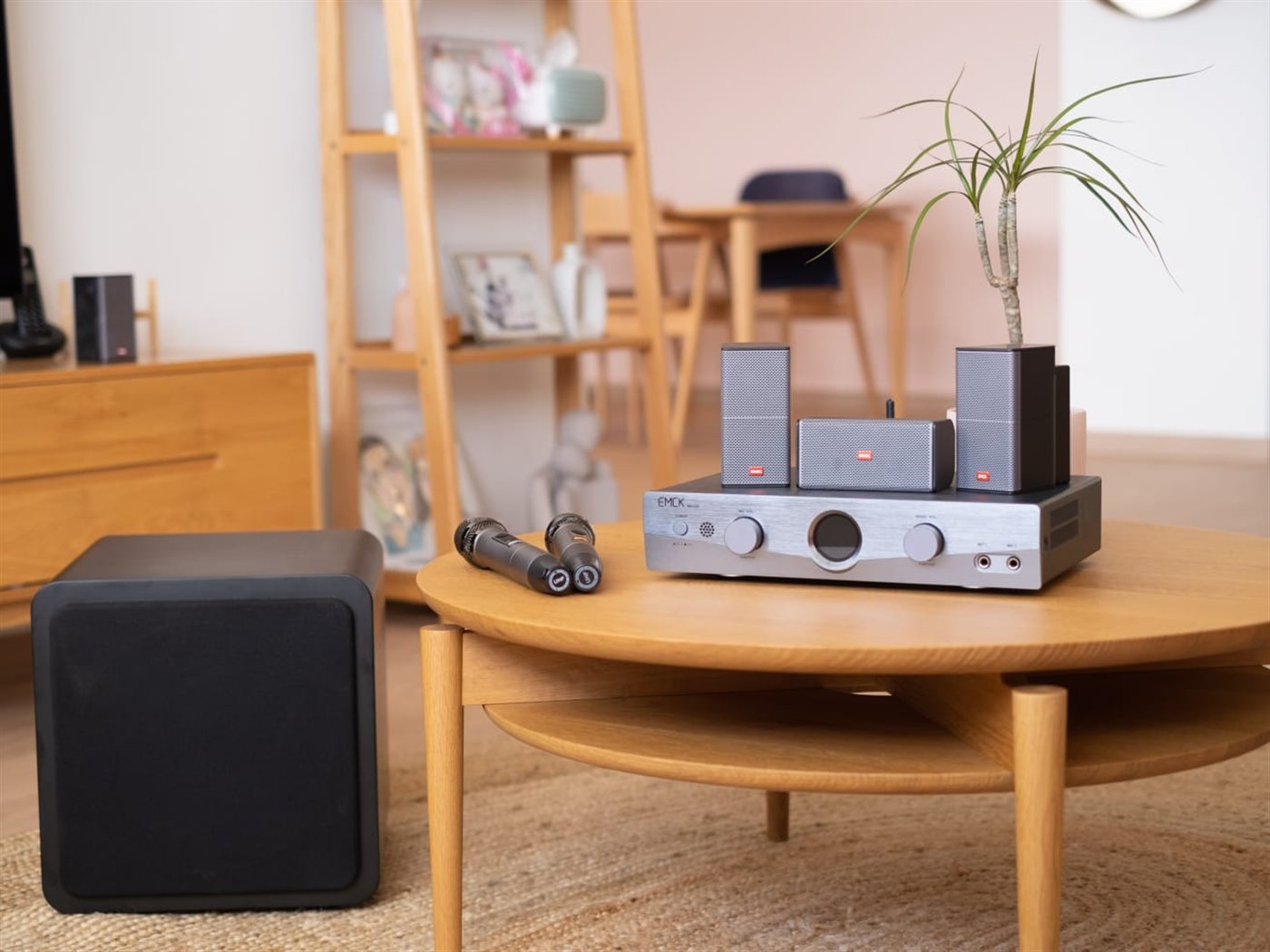 KamoGa system in a modern living room — amplifier, satellites, bass module and wireless microphones