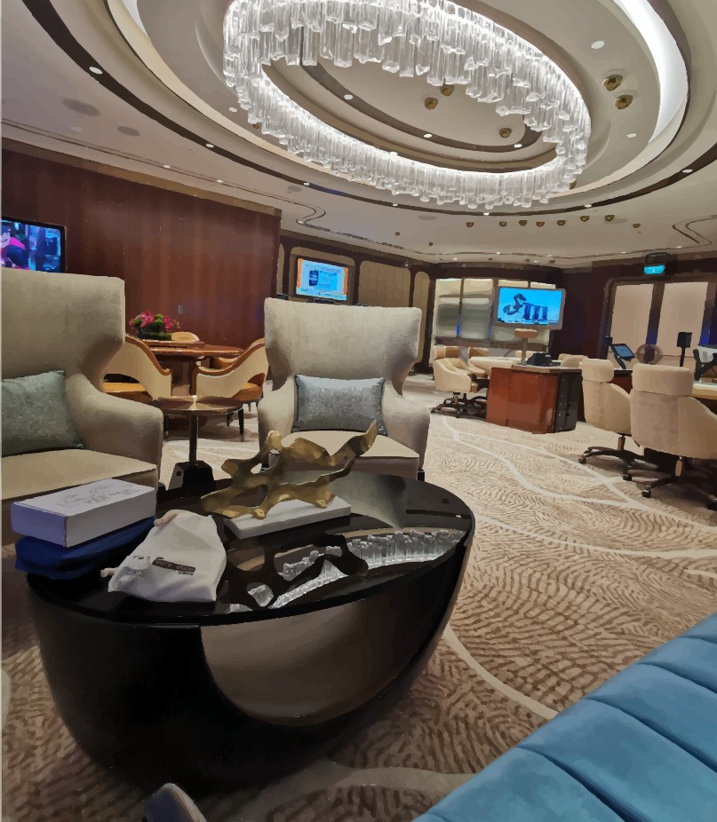 Private casino lounge with crystal chandelier at Marina Bay Sands