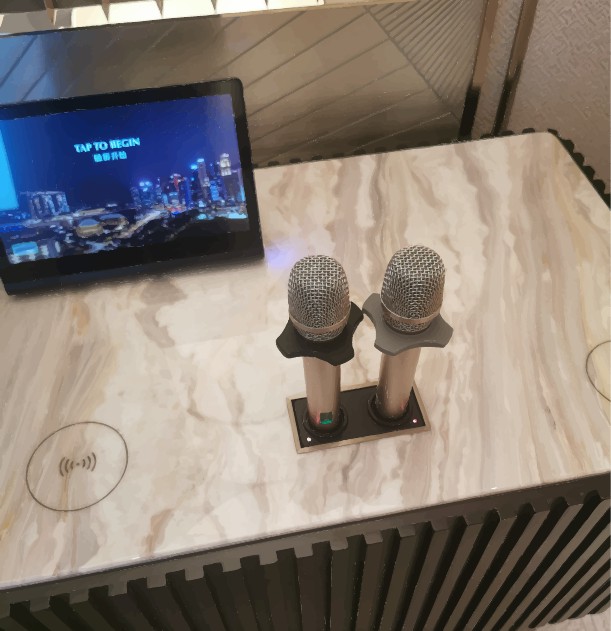 KamoGa wireless microphones and Mika touch screen on a marble cradle